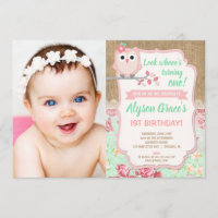 Owl birthday invitations, girl 1st photo birthday