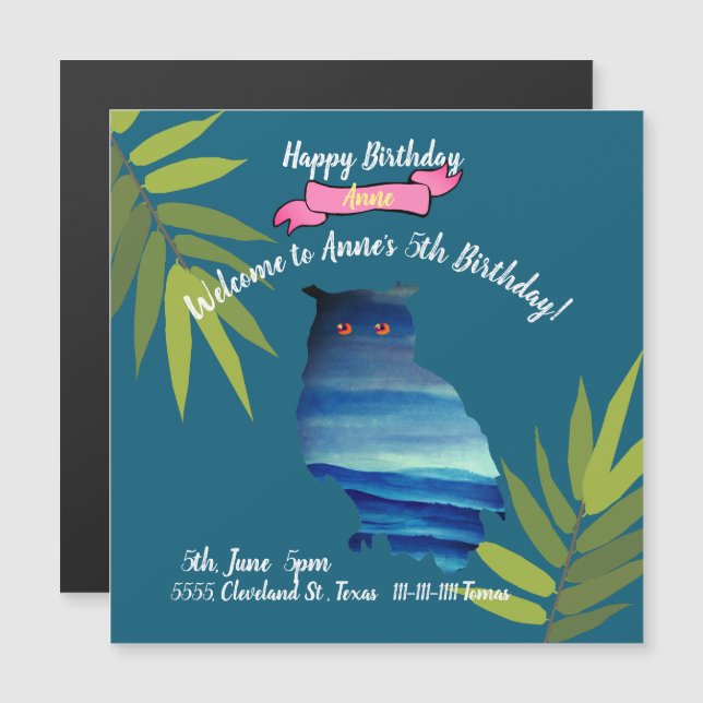 Owl Birthday Magnetic Invitation (Front/Back)
