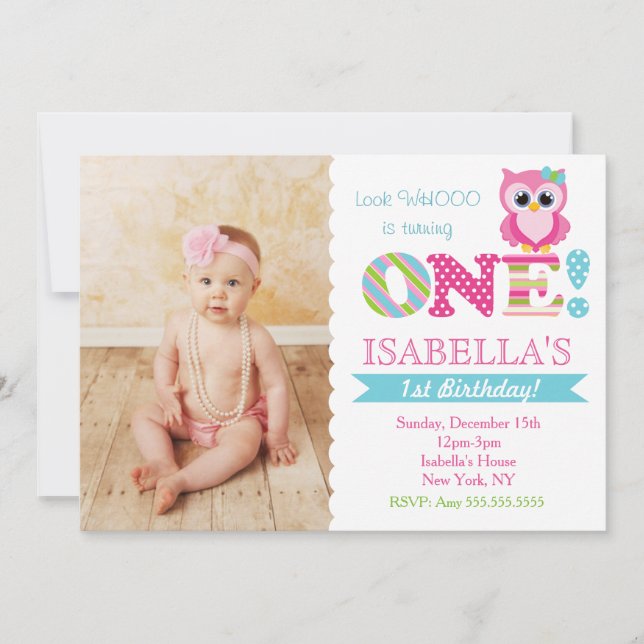 Owl Birthday Party Invitations for Girl (Front)