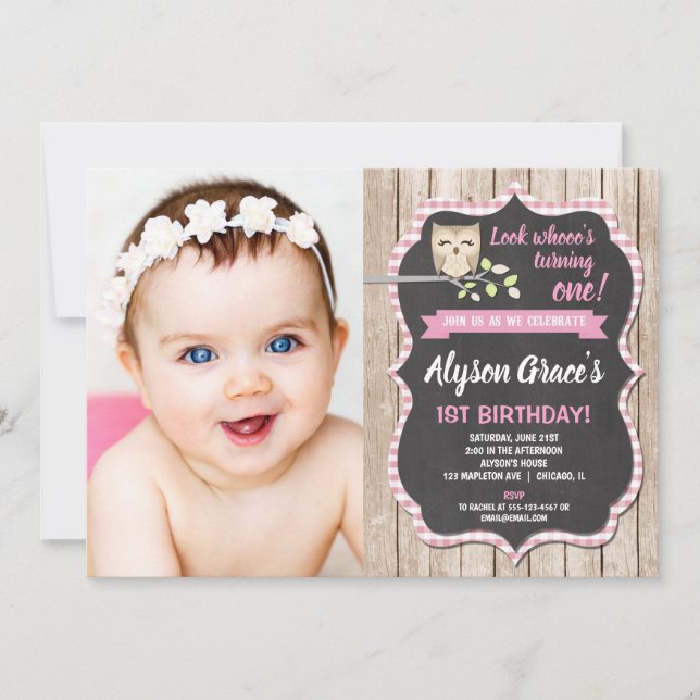 Owl birthday photo invitations, girl woodland invitation (Front)