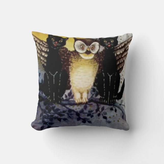 Owl Black Cat Full Moon Tree Night Cushion (Front)