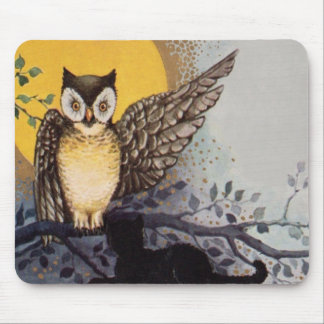 Owl Black Cat Full Moon Tree Night Mouse Pad