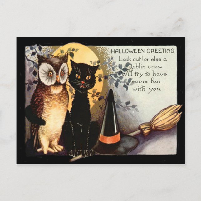 Owl Black Cat Full Moon Witch's Hat Broom Postcard (Front)
