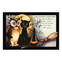 Owl Black Cat Full Moon Witch's Hat