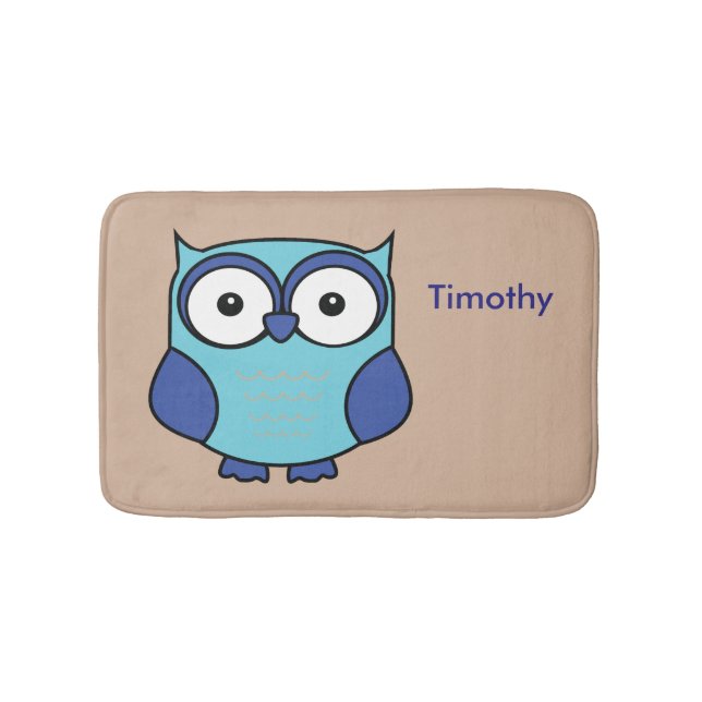 Owl Blue and Aqua Personalised Bath Mat (Front)