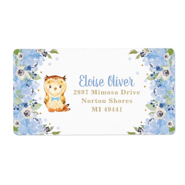 Owl Blue Floral Baby Shower Boy Birthday Address (Front)