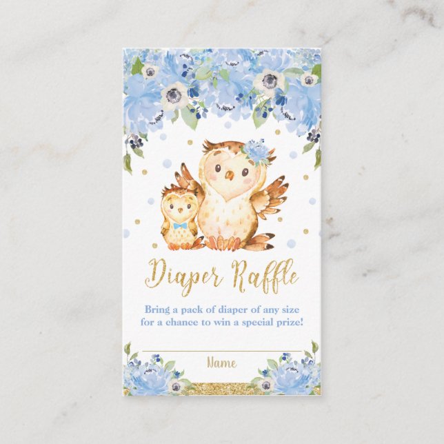 Owl Blue Floral Baby Shower Diaper Raffle Enclosure Card (Front)