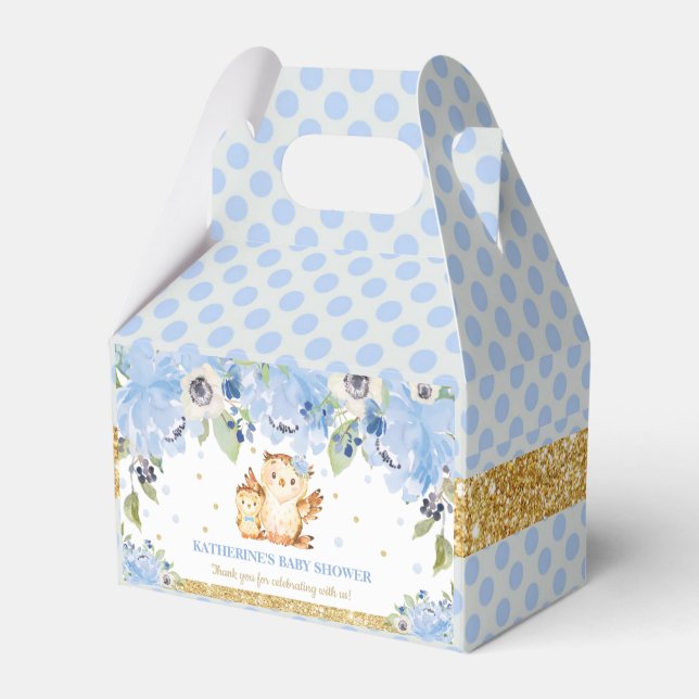 Owl Blue Floral Baby Shower Thank You Favour Box (Front Side)