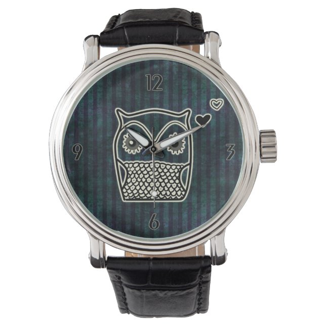 Owl Blue Grunge Leather Straps Watch (Front)