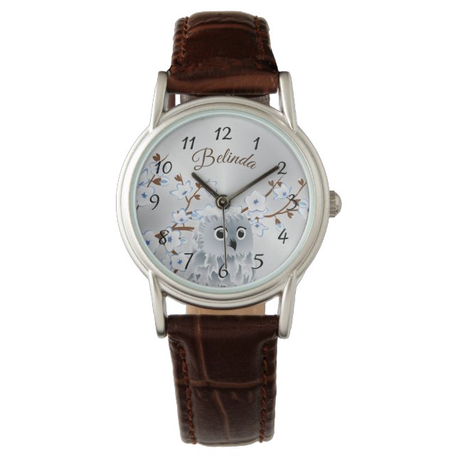 Owl Blue Silver Cherry Blossoms Numbers Monogram Watch (Front)