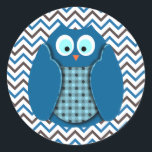Owl - Blue with Polka Dots Classic Round Sticker<br><div class="desc">Here is a fun graphic blue owl with a polka dotted chest. Great for "It's A Boy", Birthday, Birth Announcements, Birthday, 1st Birthday, 1st Christmas, 1st any occasion, Decorations and more. Most designs feature a blue and grey chevron background which can be removed. Personalise with your own message. Cute whimsical...</div>