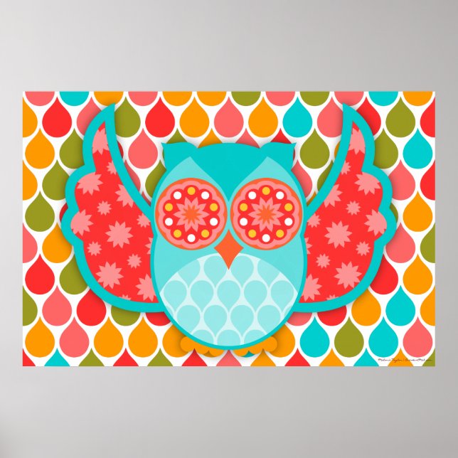Owl Boheme Red & Teal Art Poster (Front)