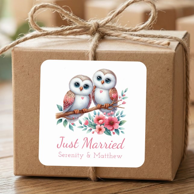 Owl Boho Rustic Country Woodland Just Married Square Sticker (Creator Uploaded)