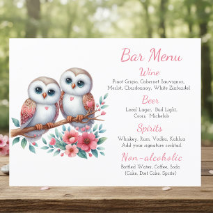 Owl Boho Rustic Country Woodland Wedding Bar Menu