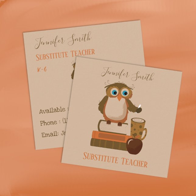 Owl Books Substitute Teacher Brown Business Cards (Brown owl substitute teacher contact cards .)