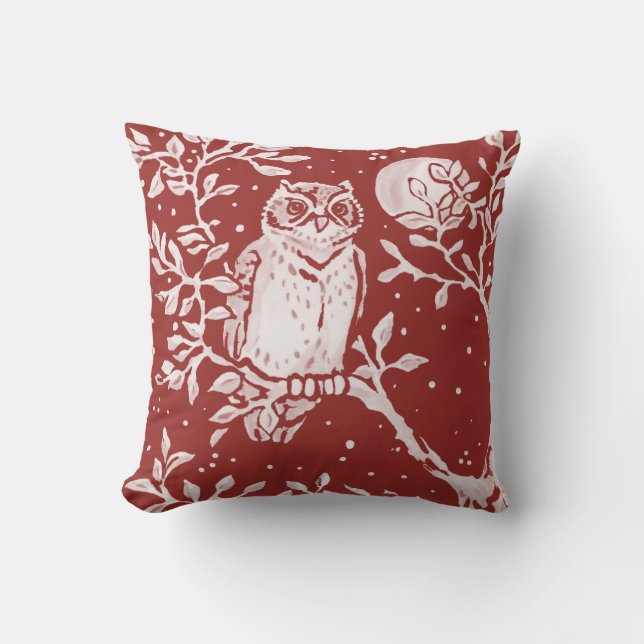 Owl Brick Red Woodland Moon Nature Throw Pillow (Front)