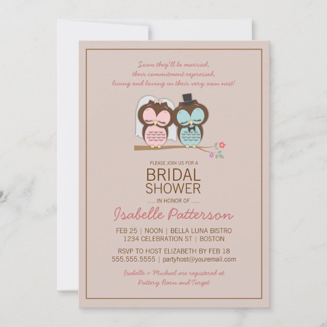 Owl Bride & Groom Sweet Bridal Shower Invitation (Front)