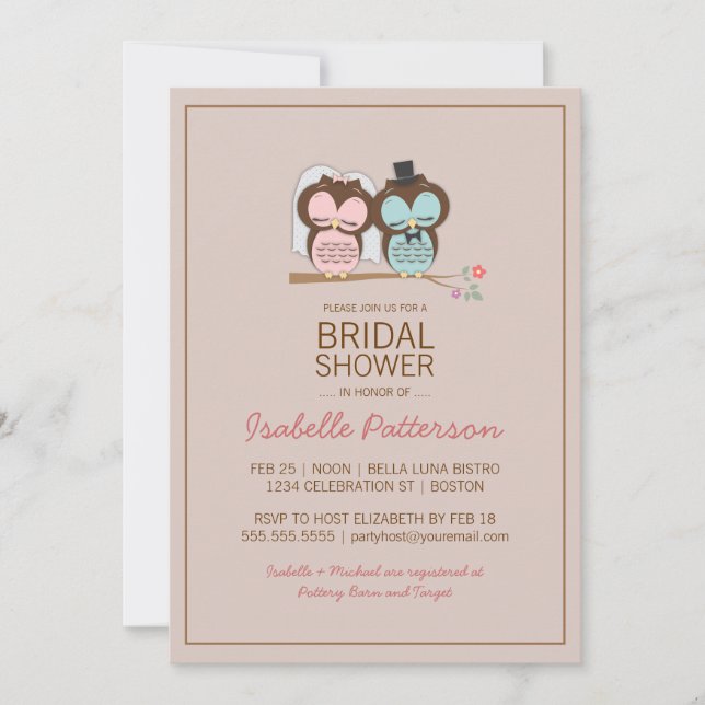 Owl Bride & Groom Sweet Bridal Shower Invitation (Front)