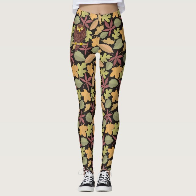 Owl Cartoon on dark background Leggings (Front)