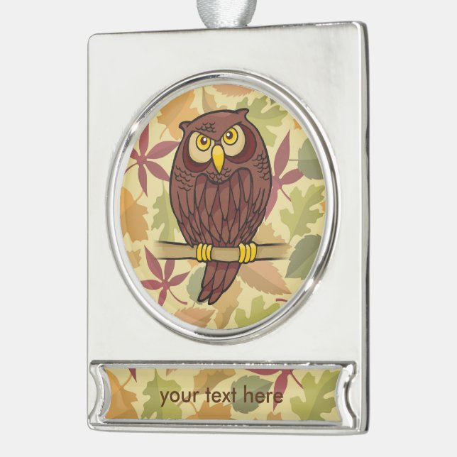 Owl Cartoon Silver Plated Banner Ornament (Left)