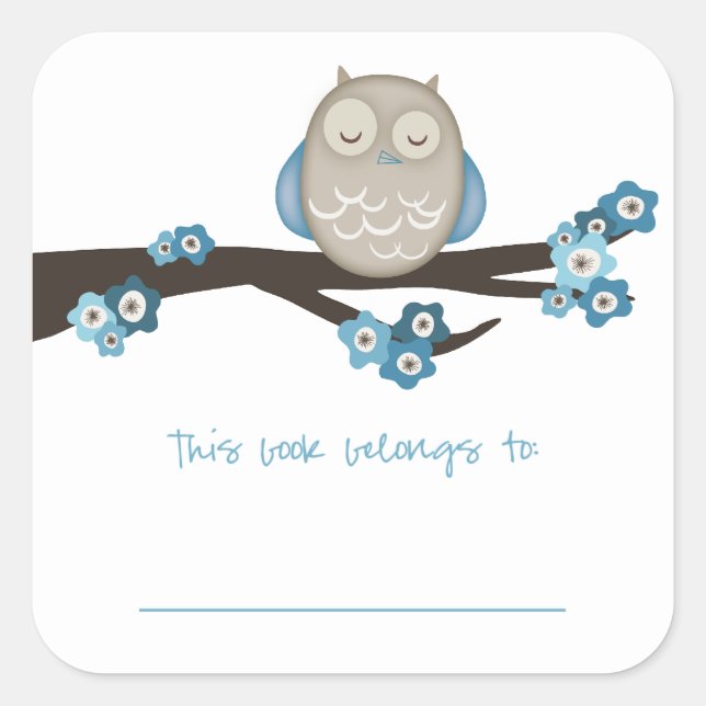 Owl & Cherry Blossoms {Blue} | Bookplates Square Sticker (Front)