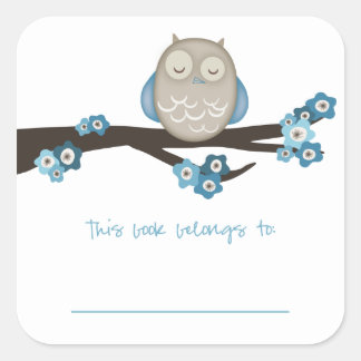 Owl & Cherry Blossoms {Blue} | Bookplates Square Sticker