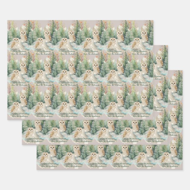 Owl Chrismas Wrapping Paper Flat Sheet Set of 3 (Set)