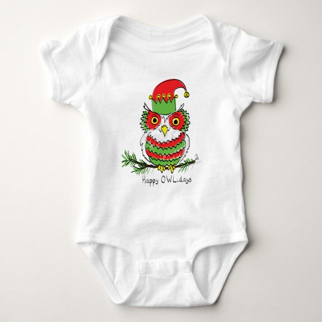 Owl Christmas Cute Funny Holiday Baby Bodysuit (Front)