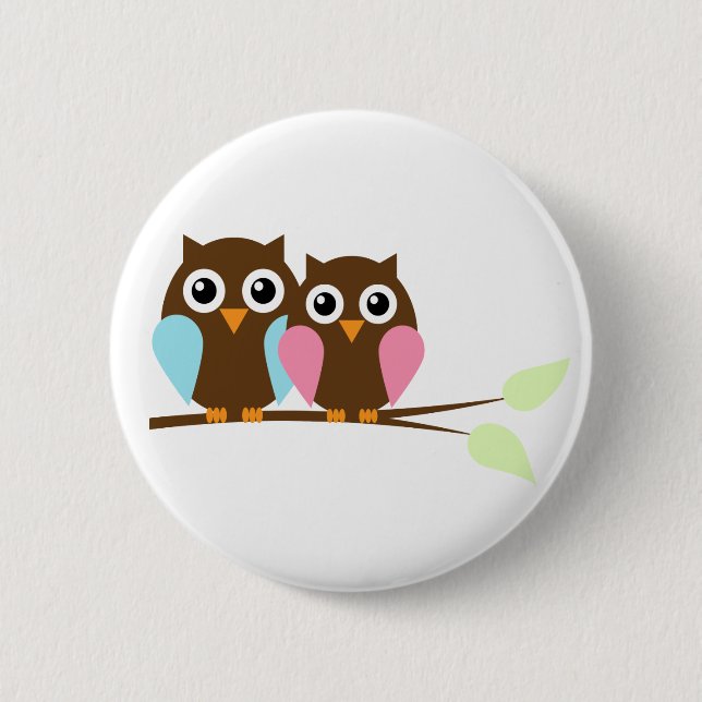 Owl couple on a branch 6 cm round badge (Front)