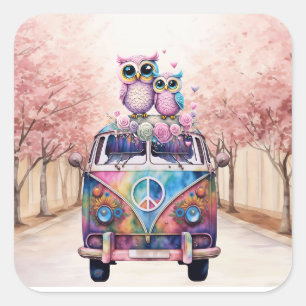 Owl Couple on a Hippie Van Square Sticker