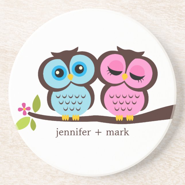 Owl Couple Personalised Coaster (Front)