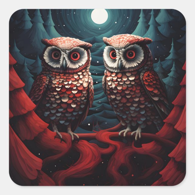 Owl couple pines and snow square sticker (Front)