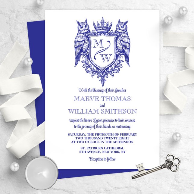 Owl Crest Royal Monogram Wedding Invitation (Creator Uploaded)
