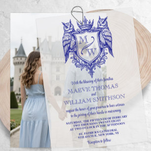 Owl Crest Royal Monogram Wedding Overlay Vellum Invitations