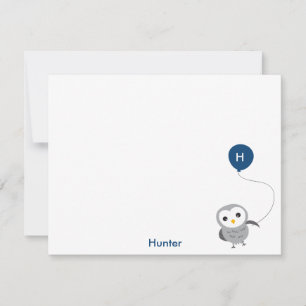 Owl Custom Thank you Note, Grey and Navy Blue Card
