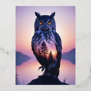 Owl Double Exposure Animal Nature Wilderness Free Foil Holiday Postcard