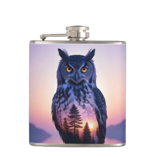Owl Double Exposure Animal Nature Wilderness Free Hip Flask