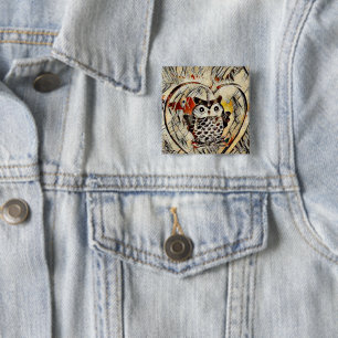 Owl drawing 15 cm square badge
