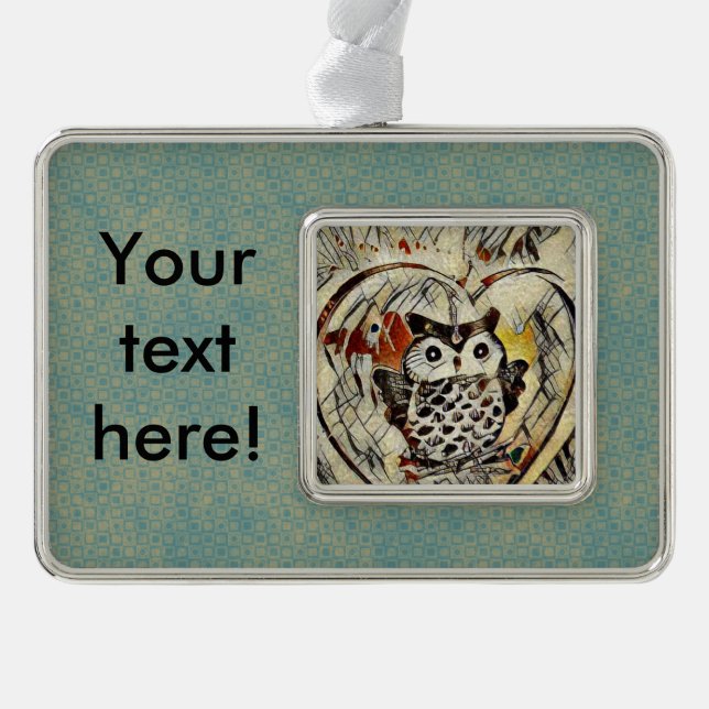 Owl drawing silver plated framed ornament (Front)