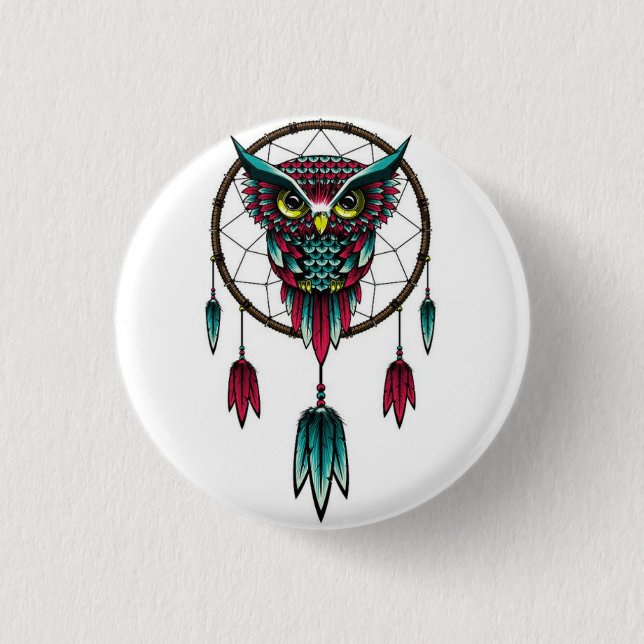 Owl dreamcatcher. 3 cm round badge (Front)