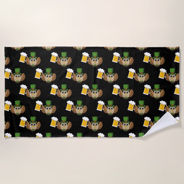 Owl Drinking Beer St Patrick's Day Pattern Beach Towel (Front)