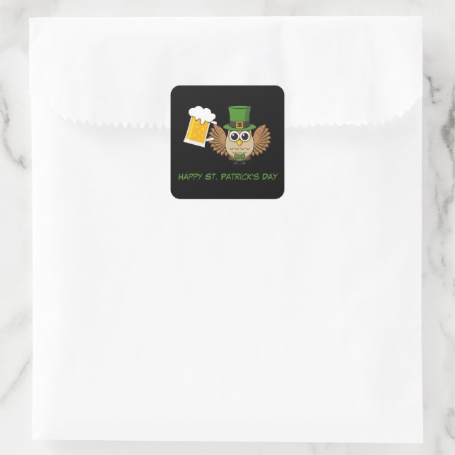 Owl Drinking Beer St Patrick's Day | Personalise Square Sticker (Bag)