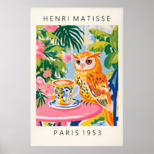 Owl Drinking Coffee Art Print Matisse Style
