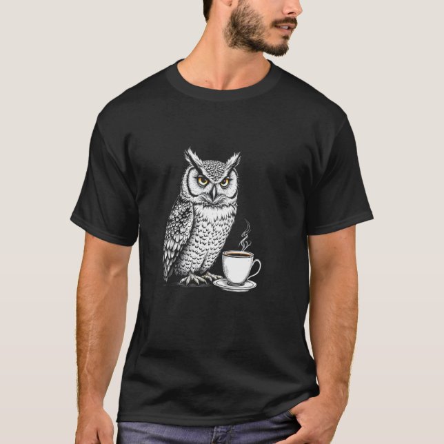 Owl Drinking Coffee Graphic T-Shirt (Front)