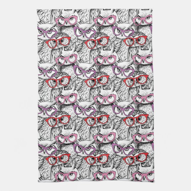 Owl Eyeglasses Pattern Tea Towel (Vertical)