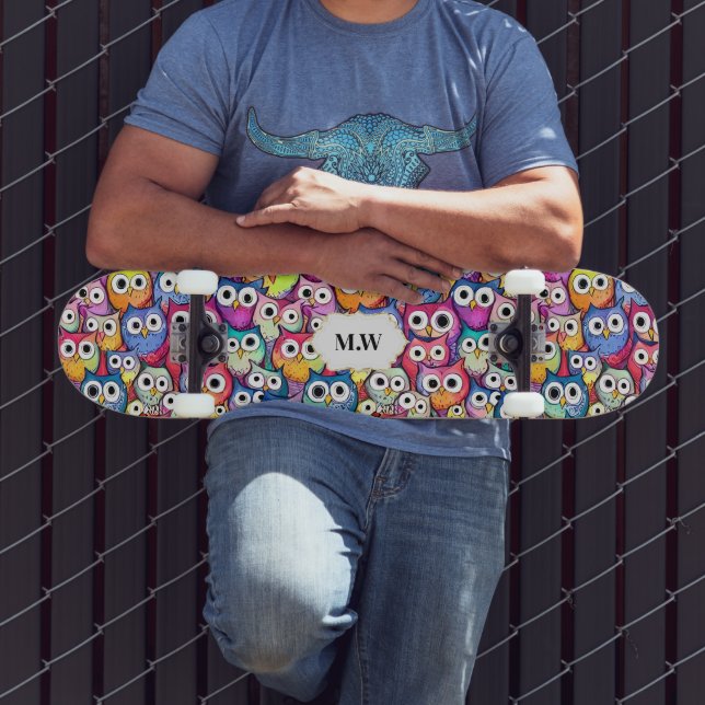 Owl faces birds collage pattern monogram sports skateboard (Outdoor 3)