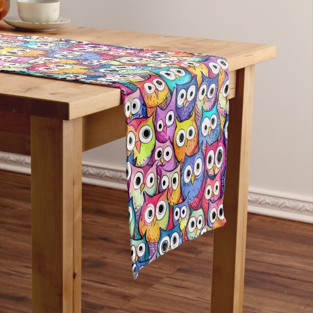 Owl faces cartoon birds pattern whimsical woodland short table runner (In Situ)