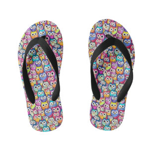 Owl faces whimsical birds pattern monogram cool kid's jandals