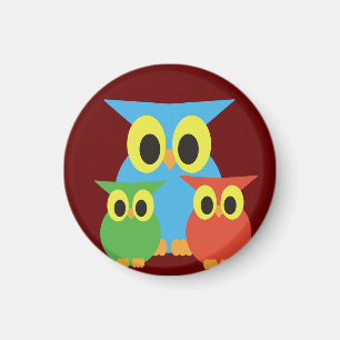 Owl Family: Blue, Green and Red Magnet