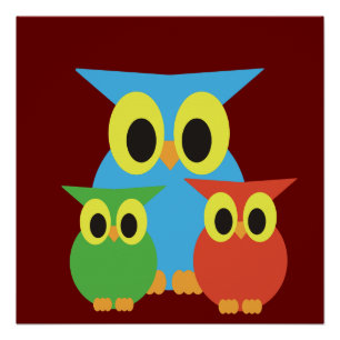 Owl Family: Blue, Green and Red Poster